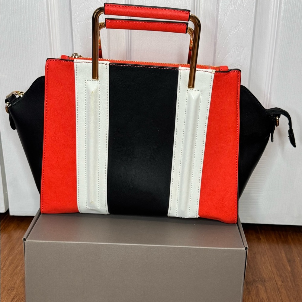 Stylish Red, Black, and White Handbag